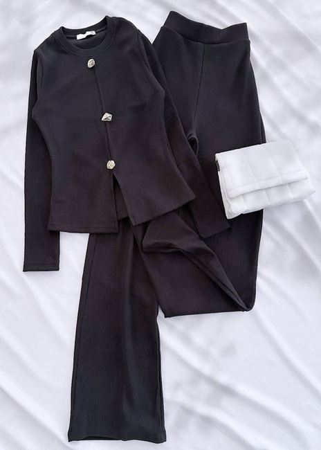 Siyah  Uzun Kol Düğme Detay V Bluz Pantolon Takım