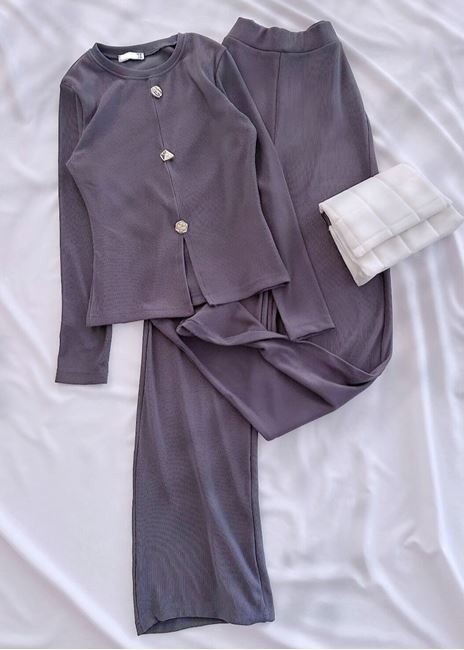 Antrasit Uzun Kol Düğme Detay V Bluz Pantolon Takım