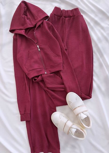Bordo Kapüşonlu Pantolon Takım
