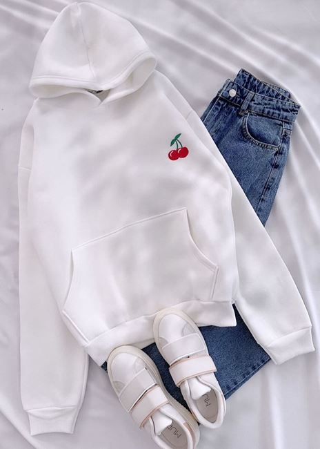 Beyaz Kiraz Baskı Kapüşonlu Sweat