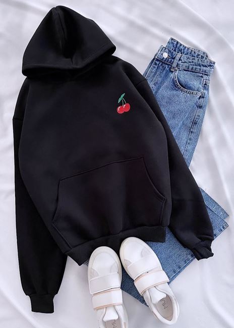 Siyah Kiraz Baskı Kapüşonlu Sweat