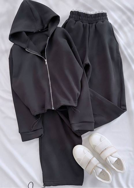 Siyah Bel Detay 3 İplik Eşofman Takımı