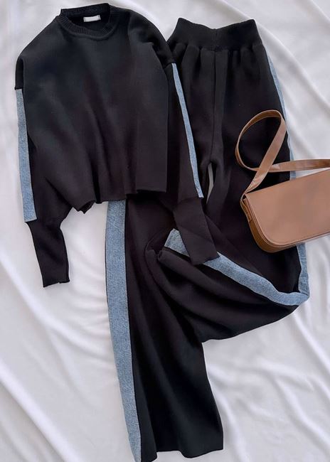 Siyah Kot Şerit Detay Triko Takım