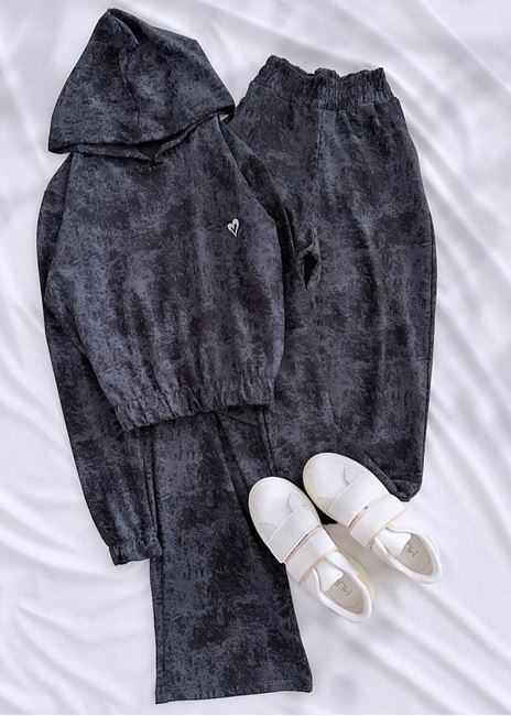 Siyah Kalp Yıkama Modal Eşofman Takımı