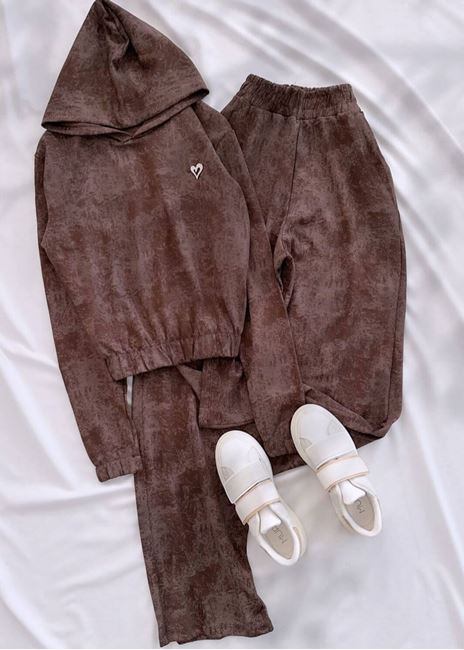 Kahverengi Kalp Yıkama Modal Eşofman Takımı