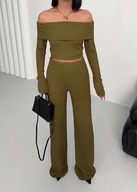 Yağ Yeşili Madonna Yaka Gofre Takım