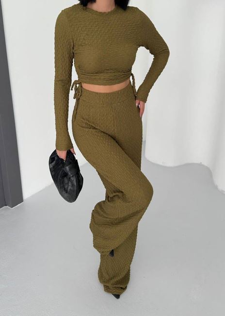 Yağ Yeşili Uzun Kol Yan Büzgü Gofre Takım