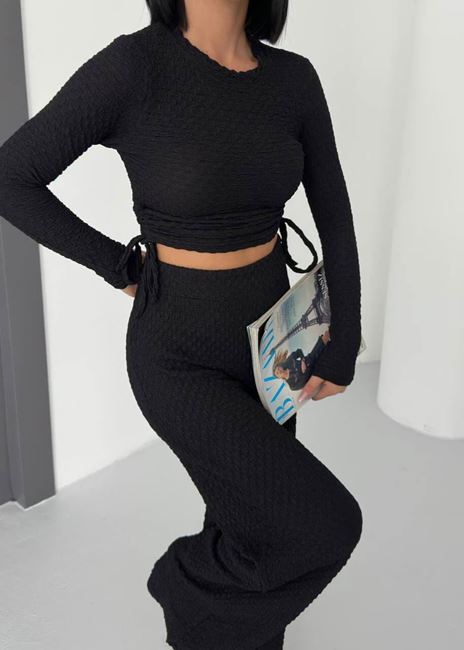 Siyah Uzun Kol Yan Büzgü Gofre Takım