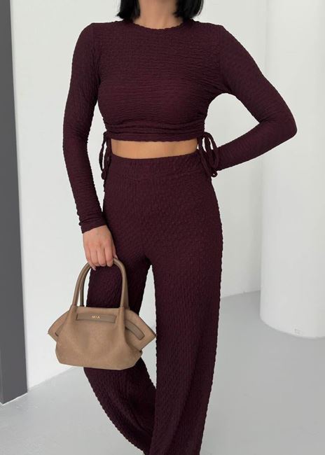 Bordo Uzun Kol Yan Büzgü Gofre Takım