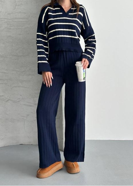 Lacivert Çizgili Polo Yaka Triko Takım