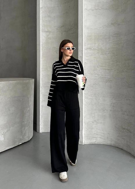 Siyah Çizgili Polo Yaka Triko Takım