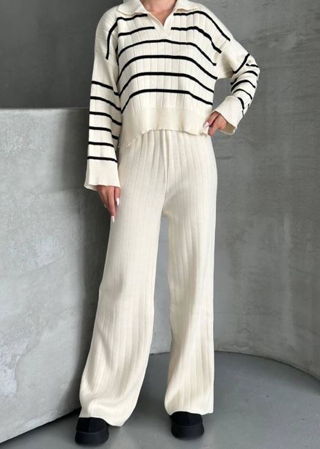 Bej Çizgili Polo Yaka Triko Takım