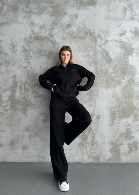 Siyah Polo Yaka Uzun Triko Takım