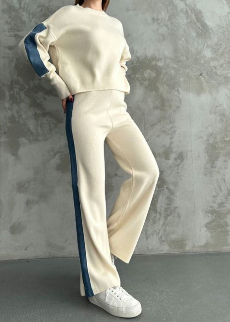 Bej Kot Şerit Detay Triko Takım