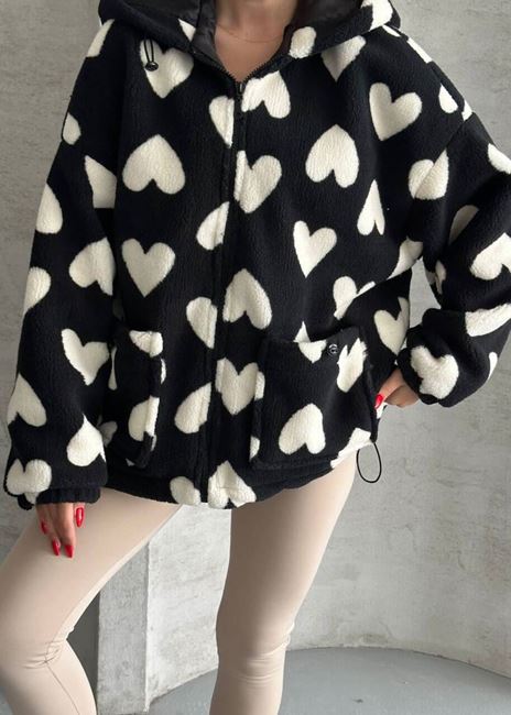 Siyah Kalp Detay Astarlı Peluş Ceket