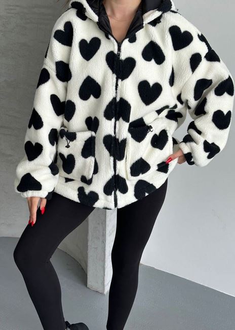 Beyaz Kalp Detay Astarlı Peluş Ceket