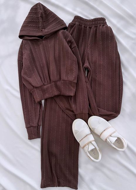 Kahverengi Burgu Kumaş Kapüşonlu Takım