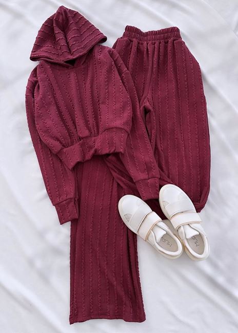 Bordo Burgu Kumaş Kapüşonlu Takım
