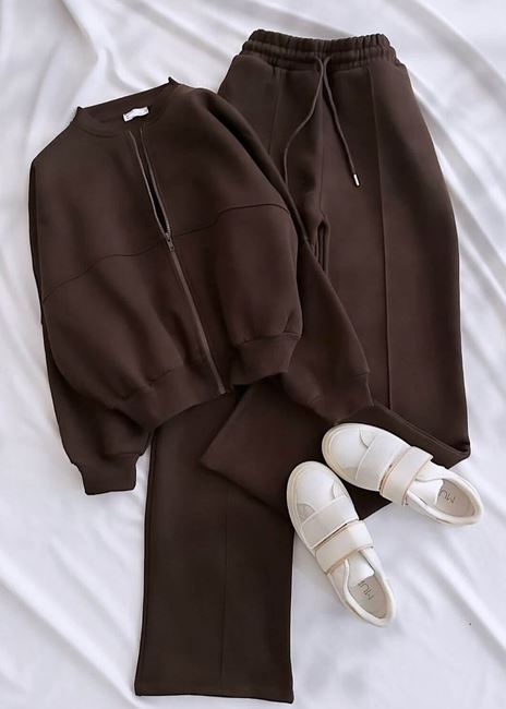 Kahverengi Bomber 3 İplik Eşofman Takımı