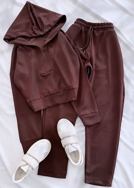 Kahverengi Oysh V Kapüşonlu Eşofman Takımı