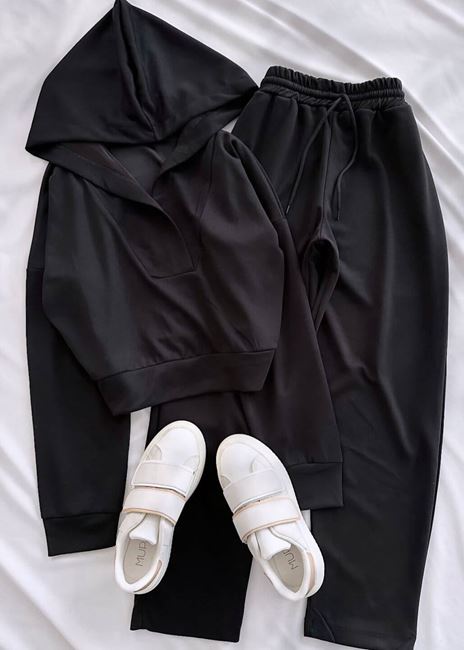 Siyah Oysh V Kapüşonlu Eşofman Takımı