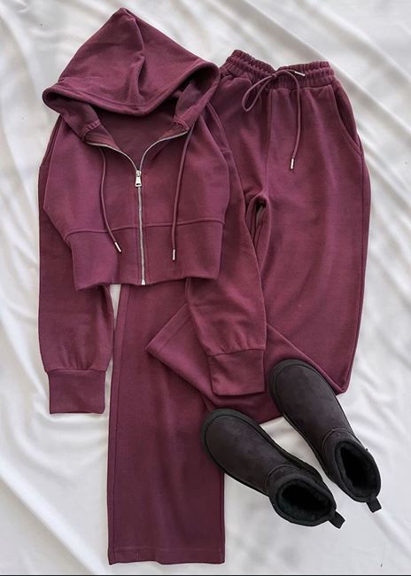 Bordo Selanik Kumaş Kapüşonlu Takım