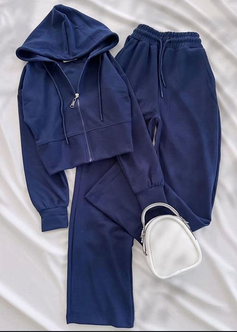 Mavi Selanik Kumaş Kapüşonlu Takım