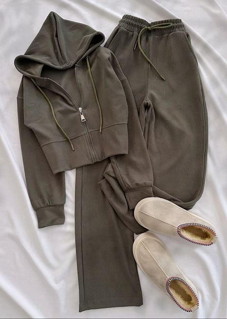 Yeşil Selanik Kumaş Kapüşonlu Takım