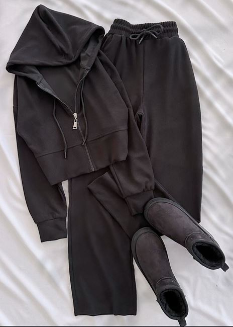 Siyah Selanik Kumaş Kapüşonlu Takım