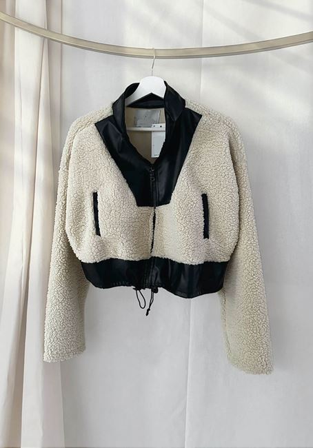 Bej Deri Detay Peluş Ceket