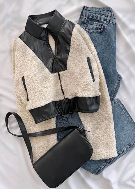 Bej Deri Detay Peluş Ceket