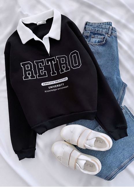 Siyah Retro Baskı Detay Sweat