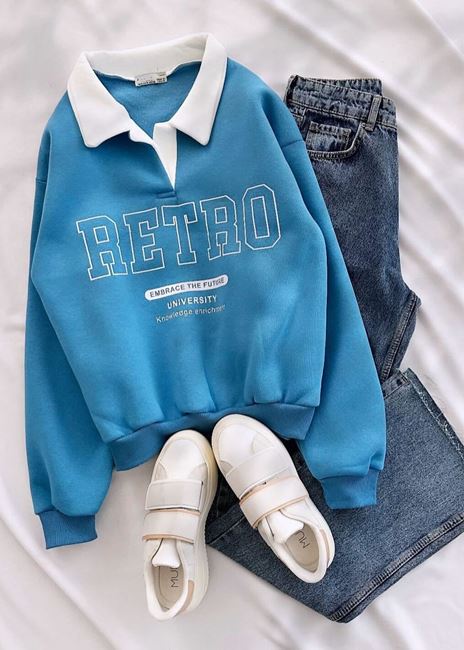 Mavi Retro Baskı Detay Sweat