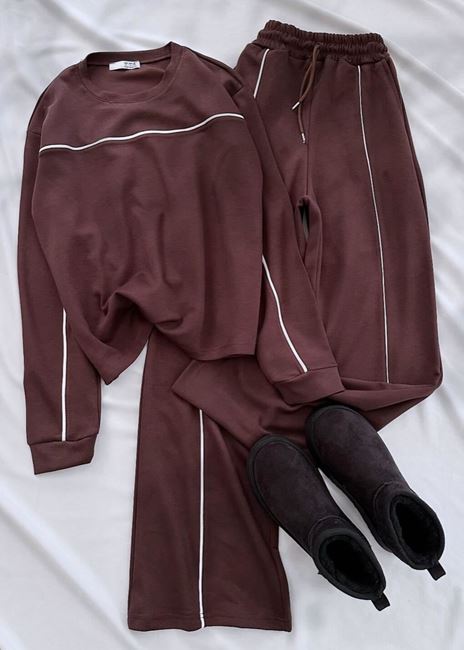 Kahverengi Biye Bisiklet Yaka Eşofman Takımı