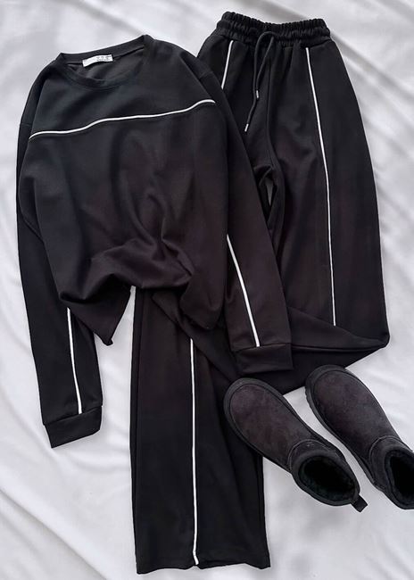 Siyah Biye Bisiklet Yaka Eşofman Takımı