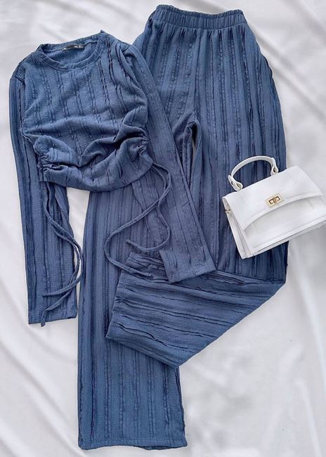 Mavi Yan Büzgü Dokulu Takım