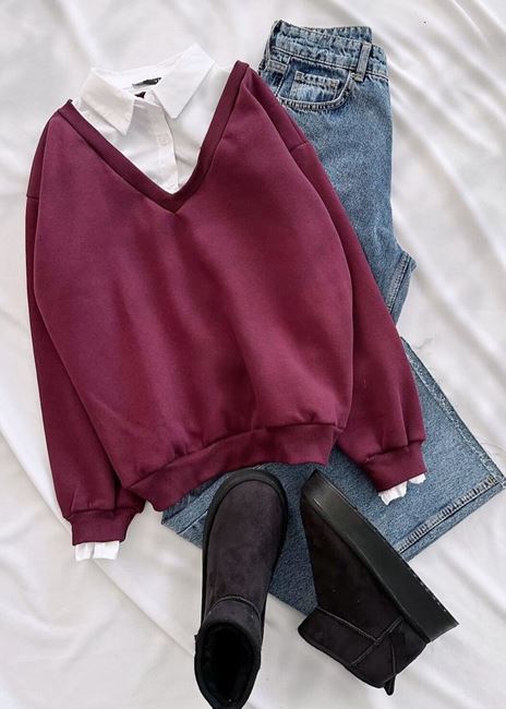 Bordo Gömlek Detay Sweat