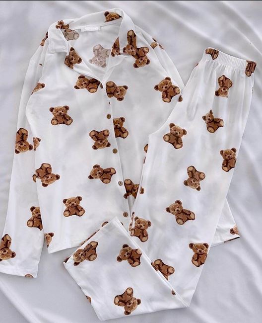 Beyaz Ayıcık Desen Pijama Takımı