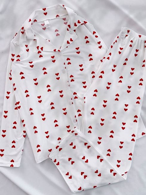 Beyaz Çift Kalp Desen Pijama Takımı