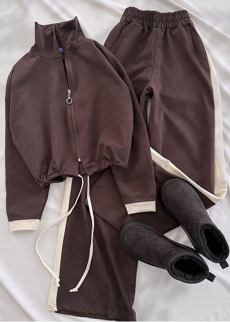 Kahverengi Büzgü Şerit Eşofman Takımı