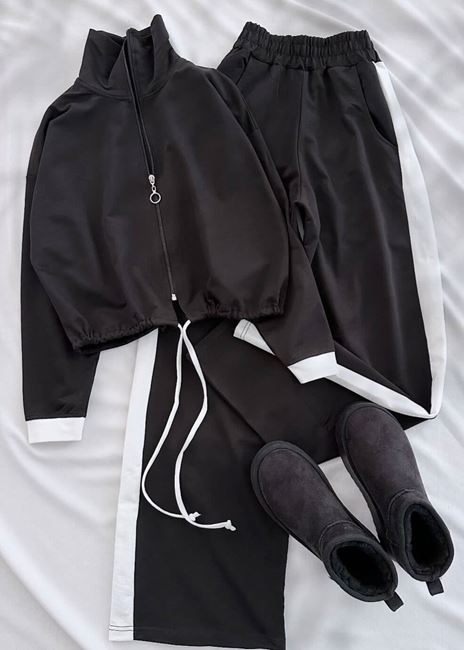 Siyah Büzgü Şerit Eşofman Takımı