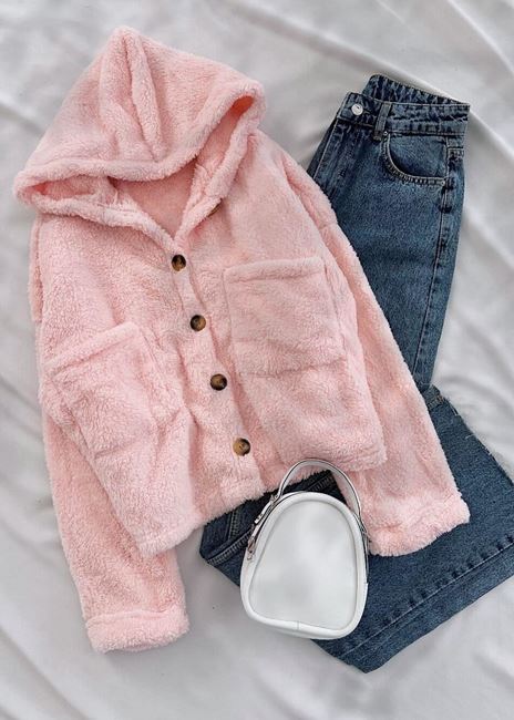 Pembe Kapüşonlu Peluş Ceket