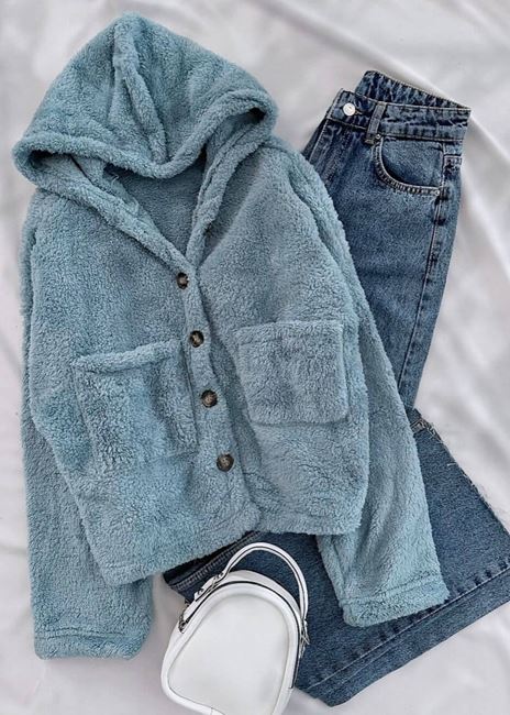 Yeşil Kapüşonlu Peluş Ceket