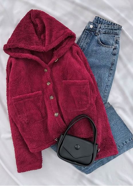 Bordo Kapüşonlu Peluş Ceket