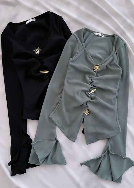 Yeşil Düğme Detay Volan Kol Bluz