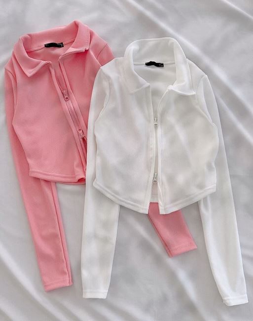 Pembe Tam Fermuar Detay Bluz