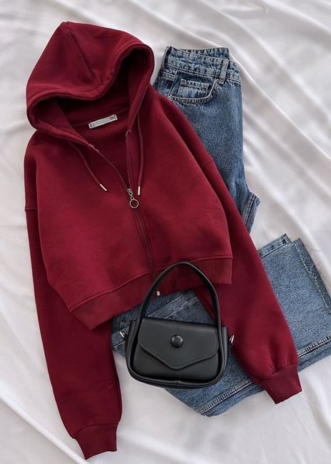 Bordo Kapüşonlu Kısa Ceket