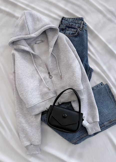 Gri Kapüşonlu Kısa Ceket