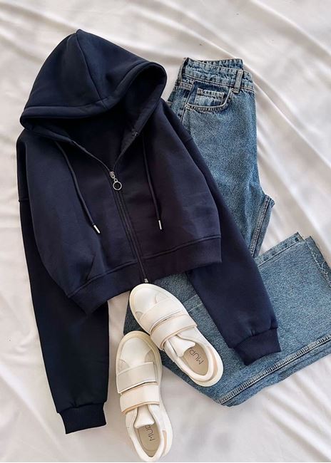 Lacivert Kapüşonlu Kısa Ceket