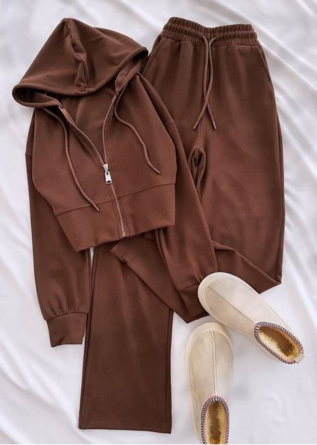 Kahverengi Selanik Kumaş Kapüşonlu Takım